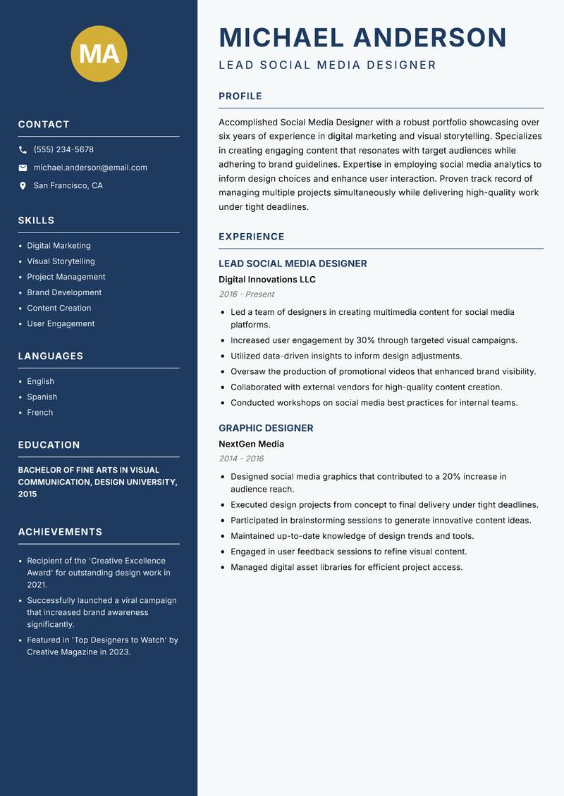 Social Media Designer resume sample — Lead Social Media Designer focus