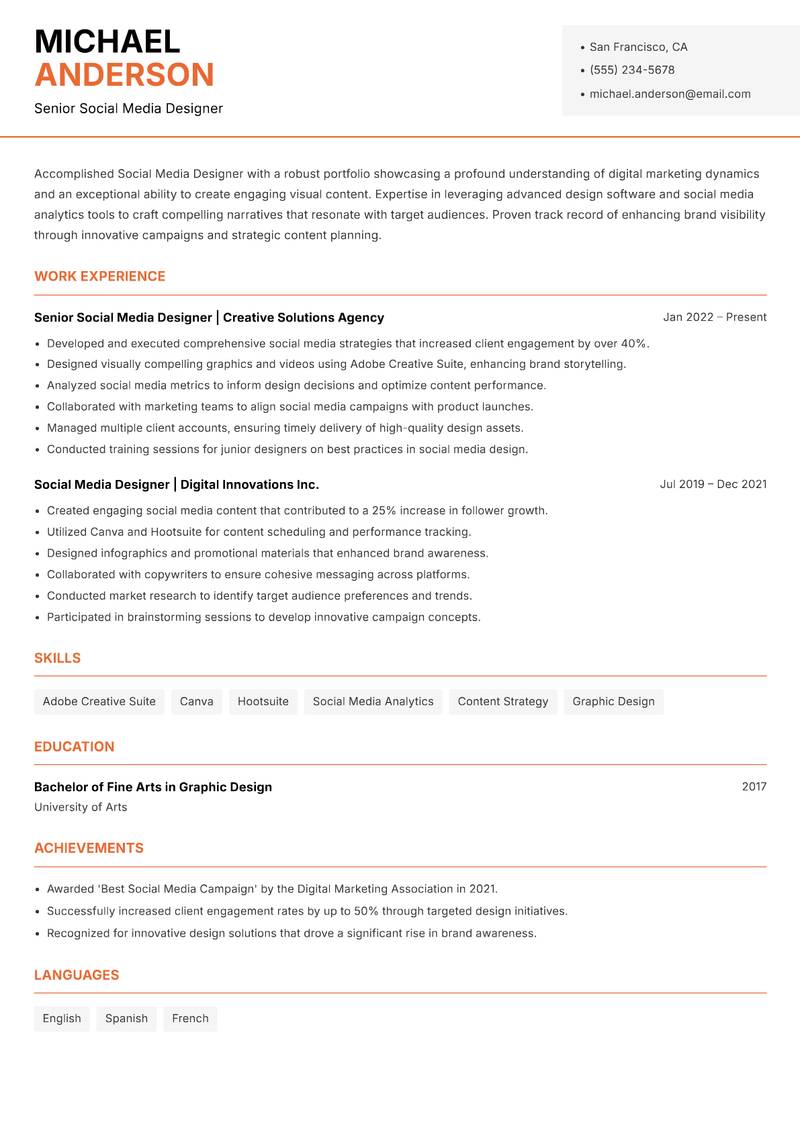 Social Media Designer resume sample — Senior Social Media Designer focus