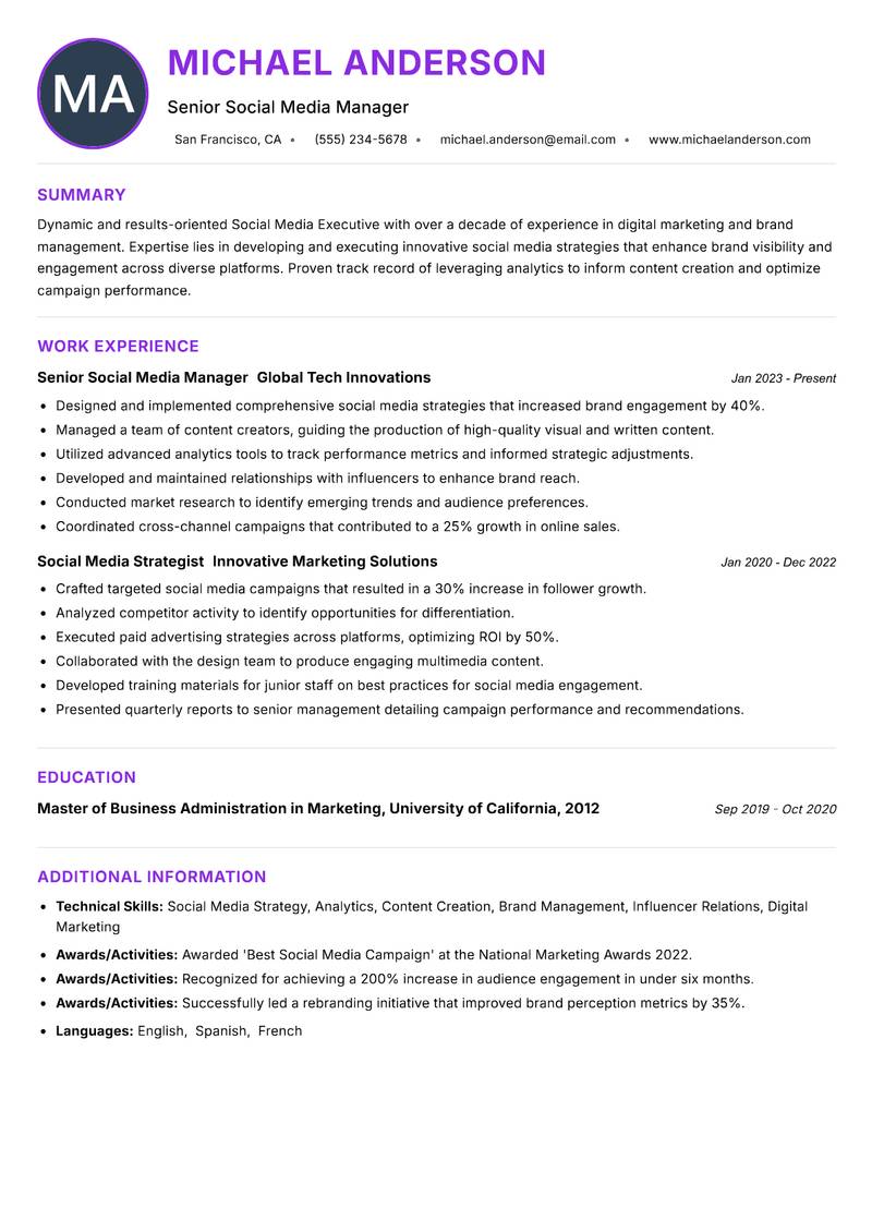 Social Media Executive resume example