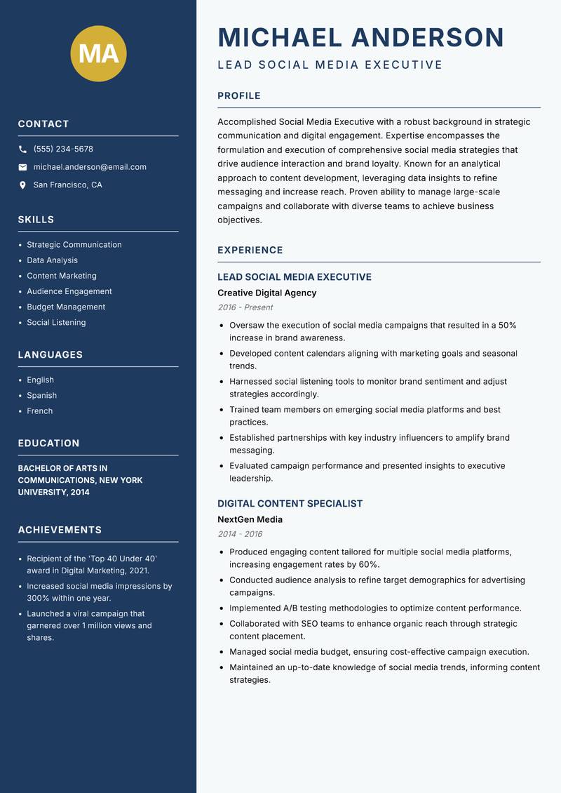 Social Media Executive resume sample — Lead Social Media Executive focus