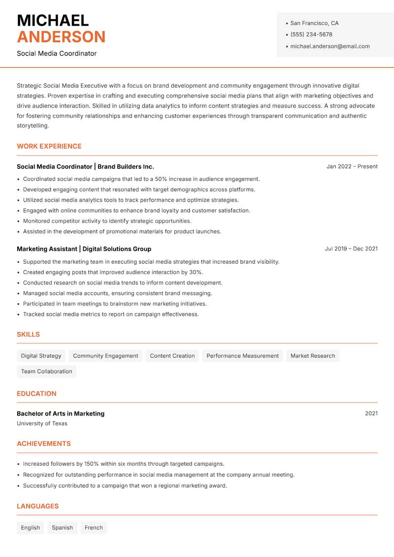 Social Media Executive resume sample — Social Media Coordinator focus