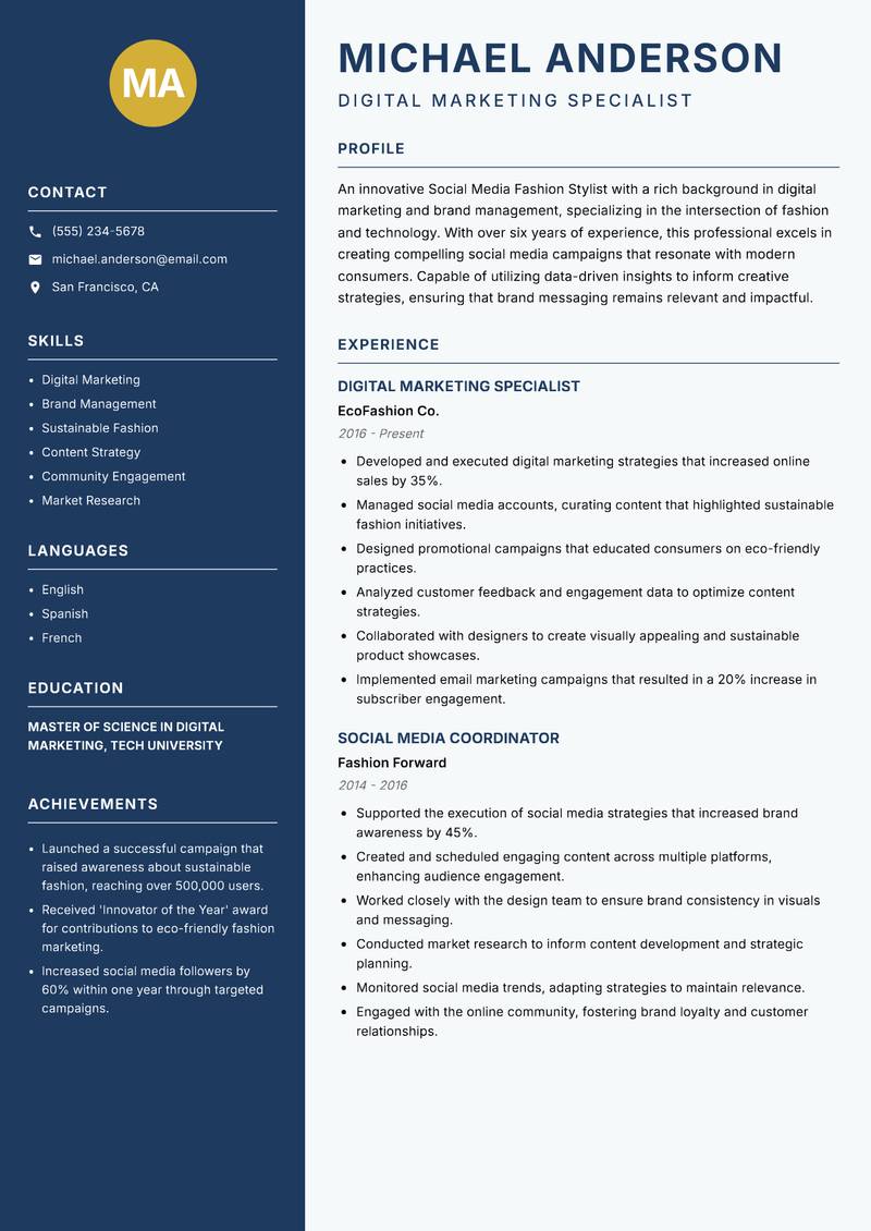Social Media Fashion Stylist resume sample — Digital Marketing Specialist focus