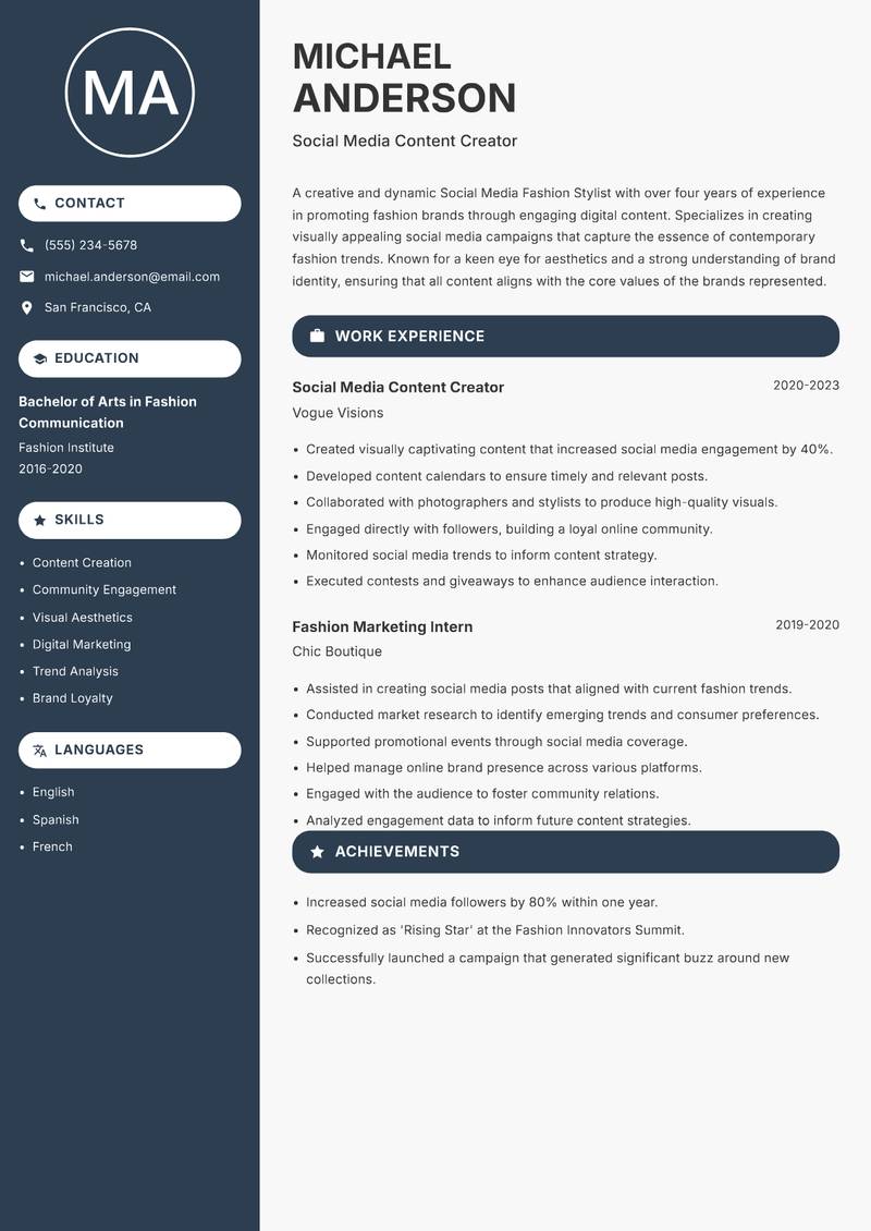 Social Media Fashion Stylist resume sample — Social Media Content Creator focus