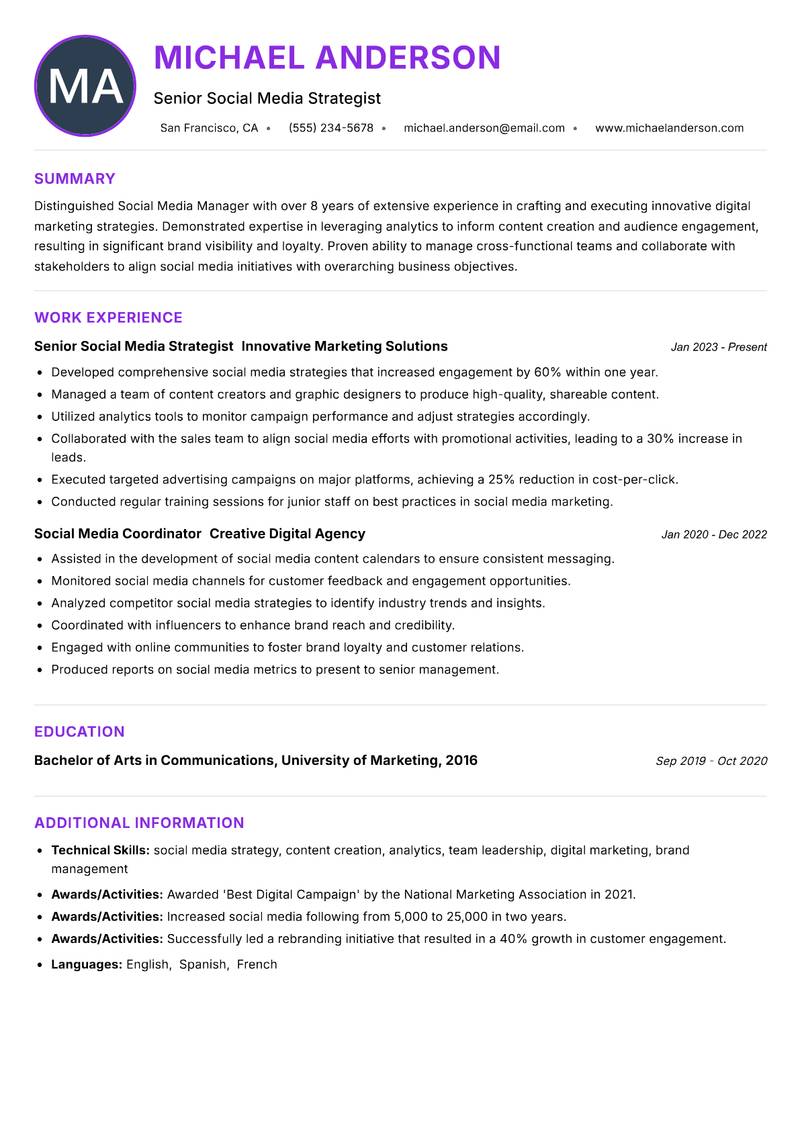 Social Media Manager resume example