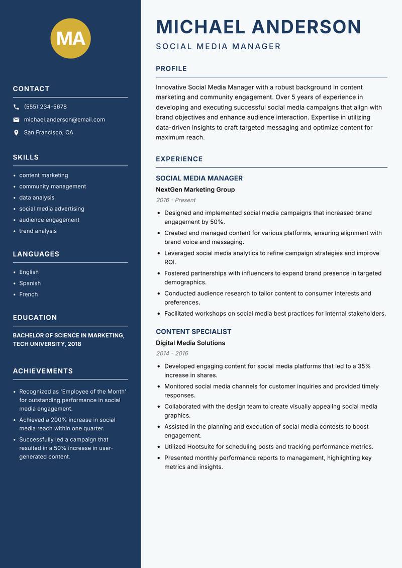 Social Media Manager resume sample — Social Media Manager focus