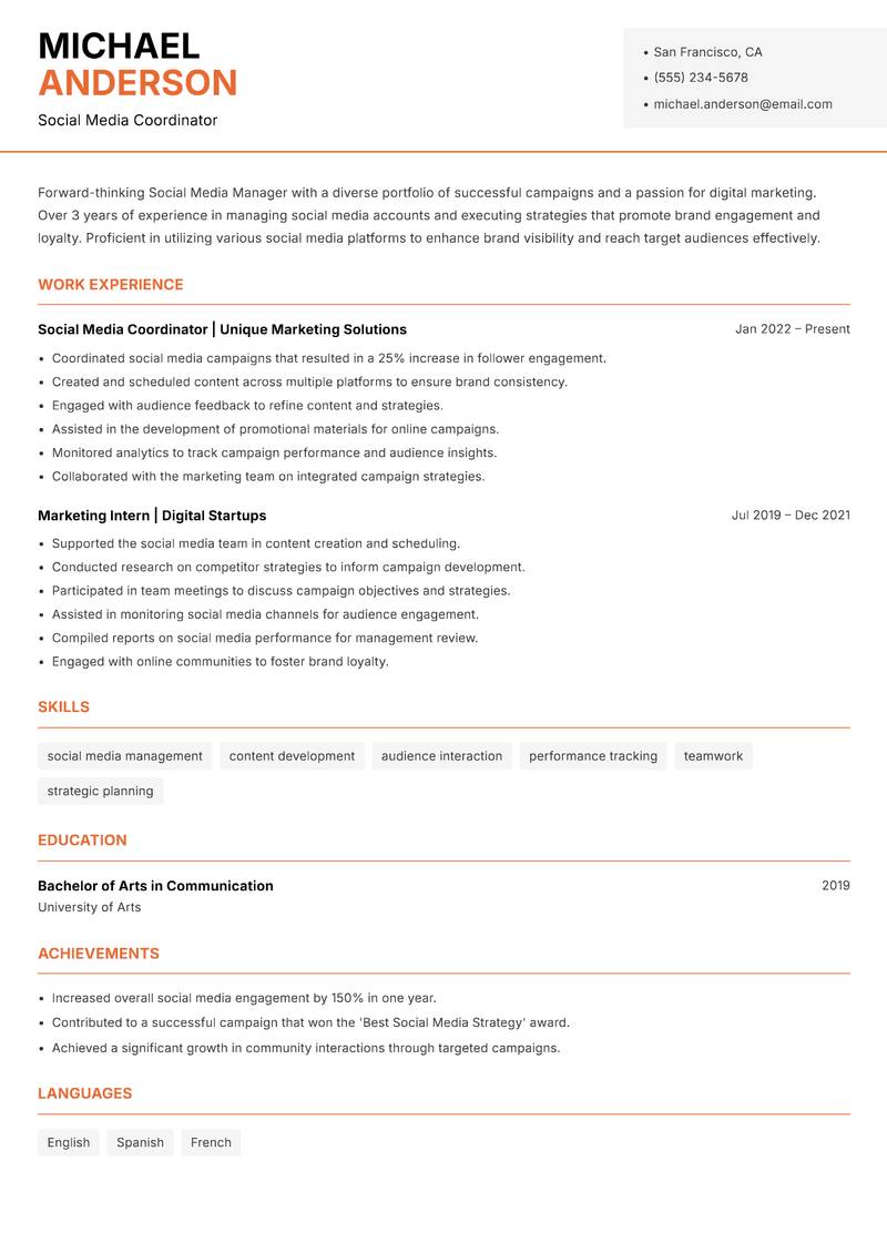 Social Media Manager resume sample — Social Media Coordinator focus
