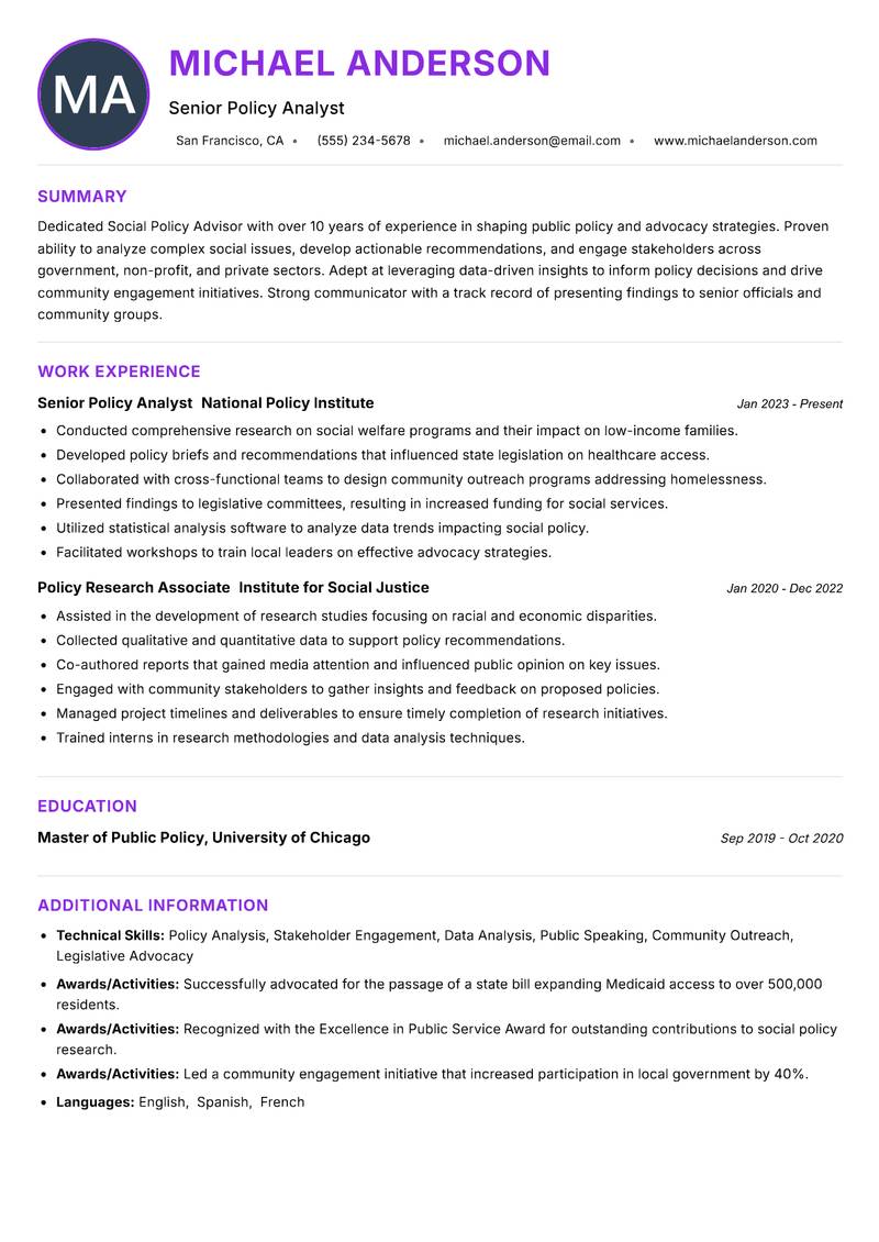 Social Policy Advisor resume example