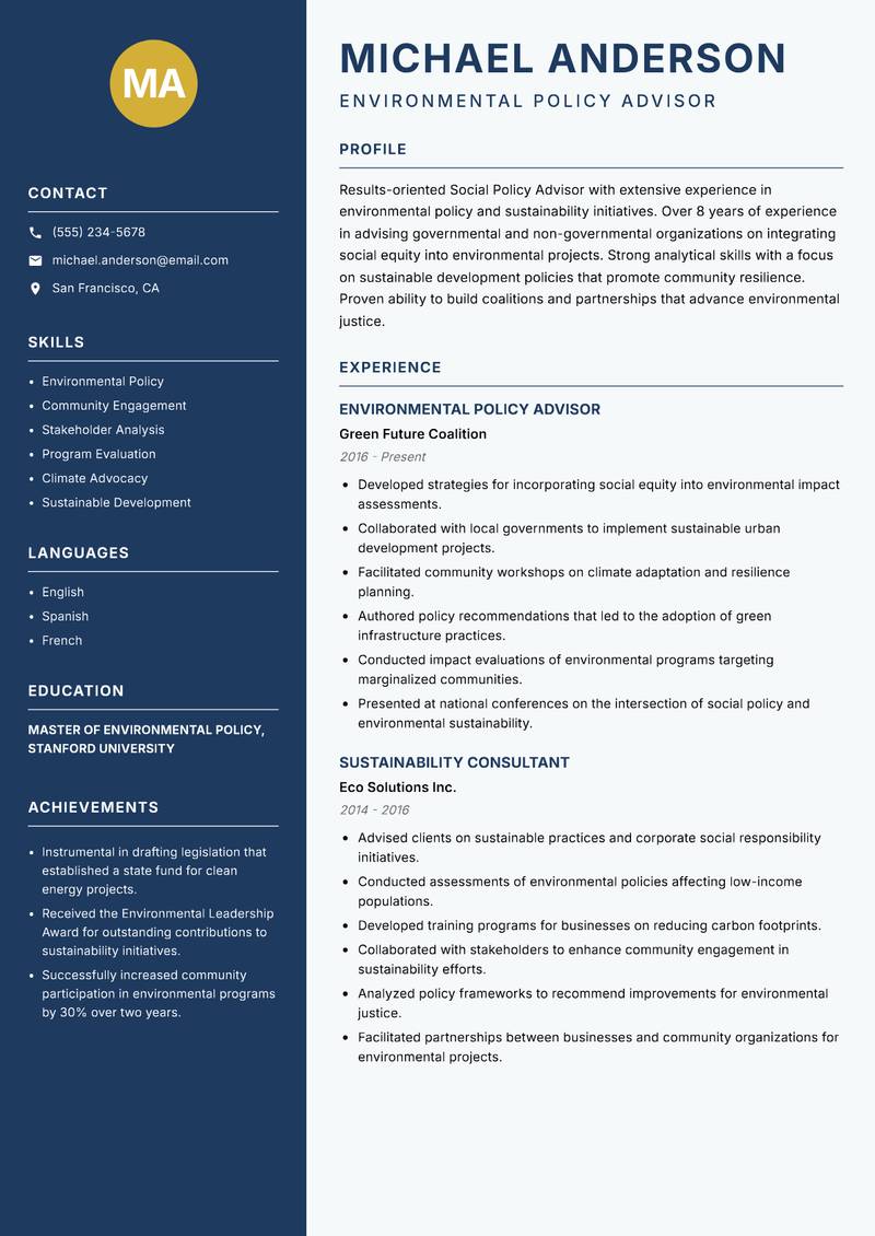 Social Policy Advisor resume sample — Environmental Policy Advisor focus