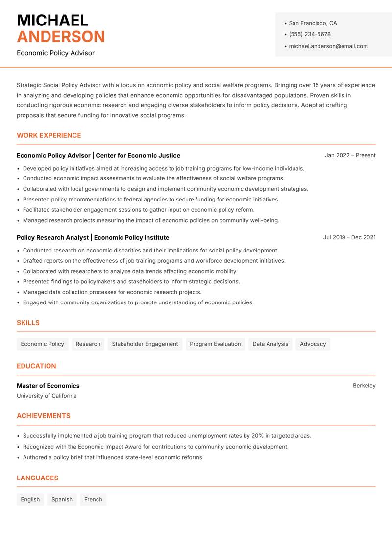 Social Policy Advisor resume sample — Economic Policy Advisor focus