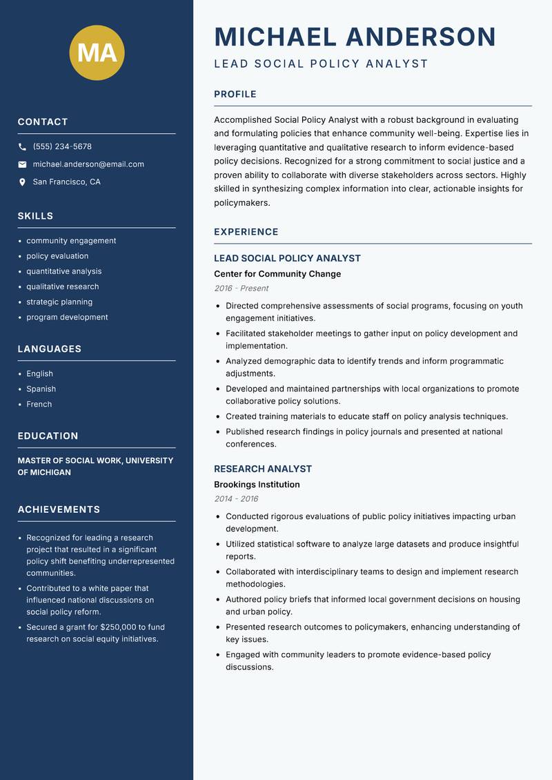 Social Policy Analyst resume sample — Lead Social Policy Analyst focus