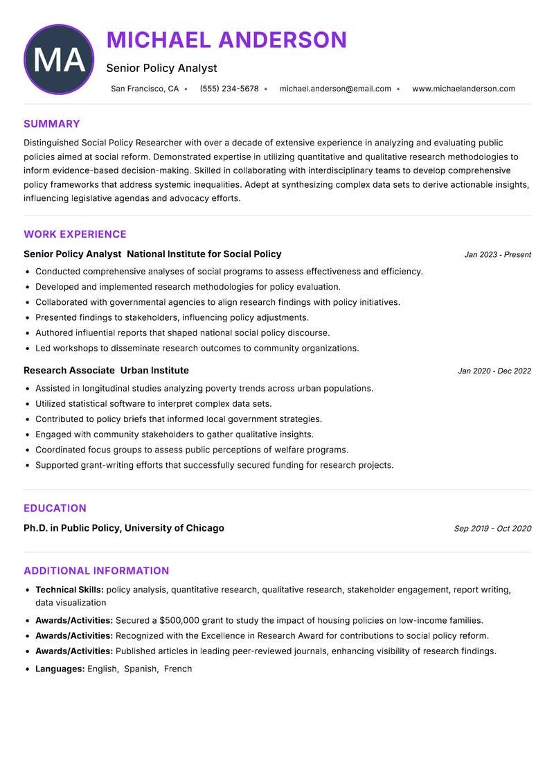 Social Policy Researcher resume example