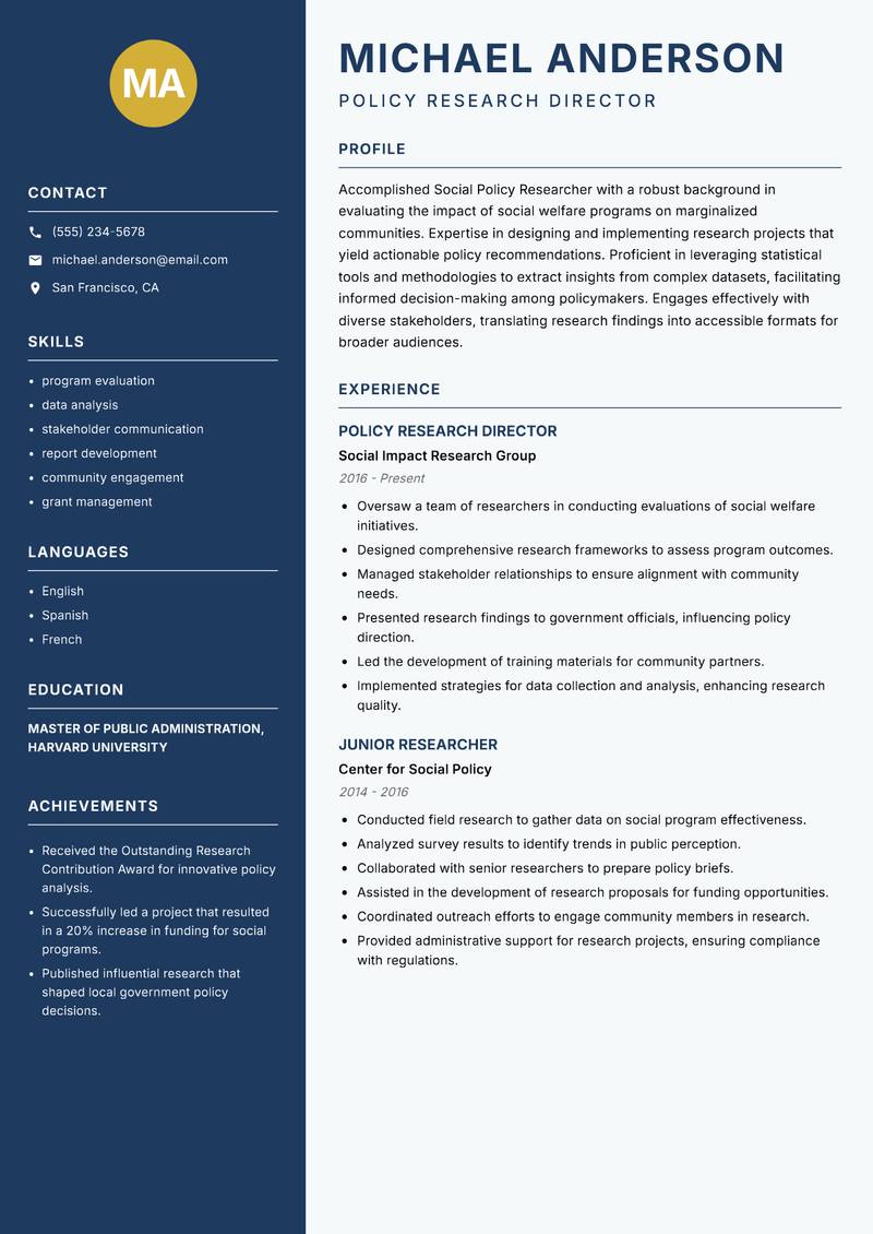 Social Policy Researcher resume sample — Policy Research Director focus