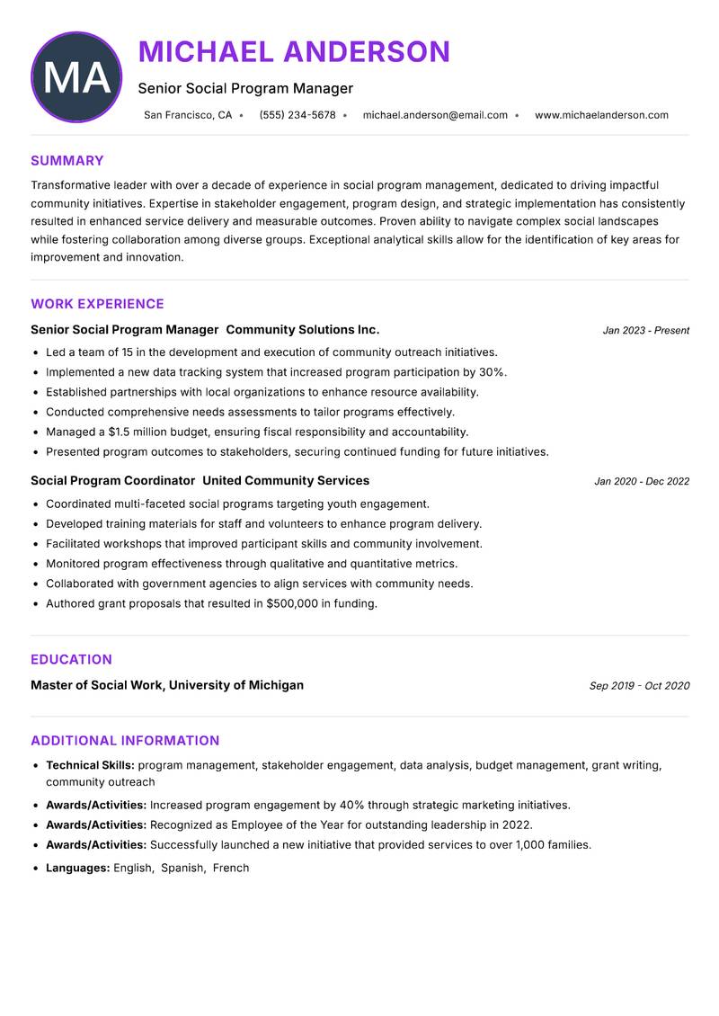 Social Program Manager resume example