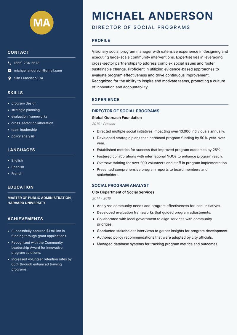 Social Program Manager resume sample — Director of Social Programs focus