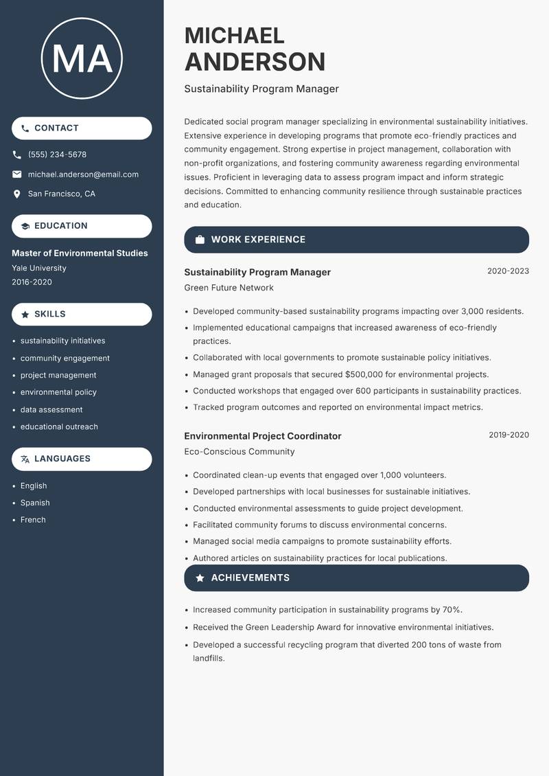 Social Program Manager resume sample — Sustainability Program Manager focus