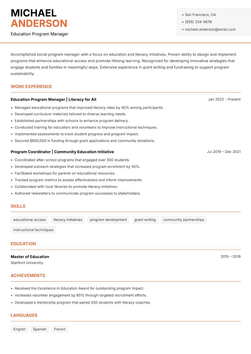 Social Program Manager resume sample — Education Program Manager focus
