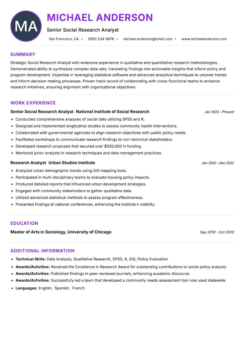 Social Research Analyst resume example