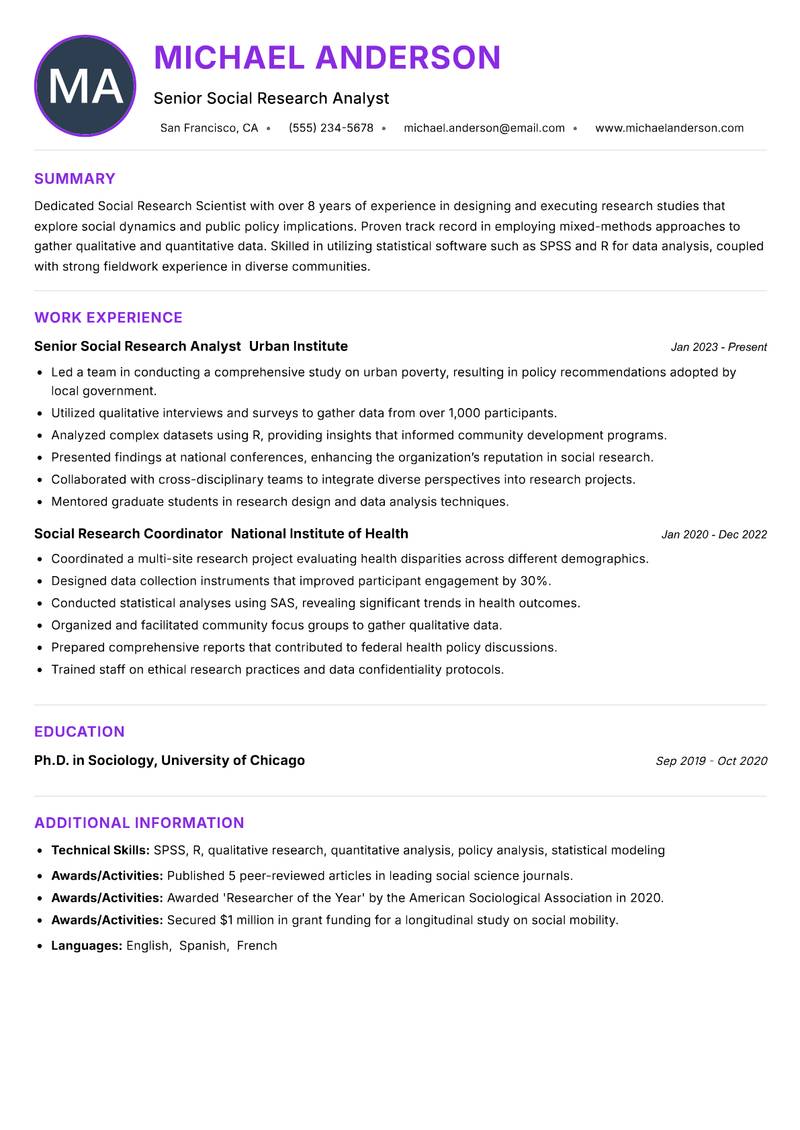 Social Research Scientist resume example