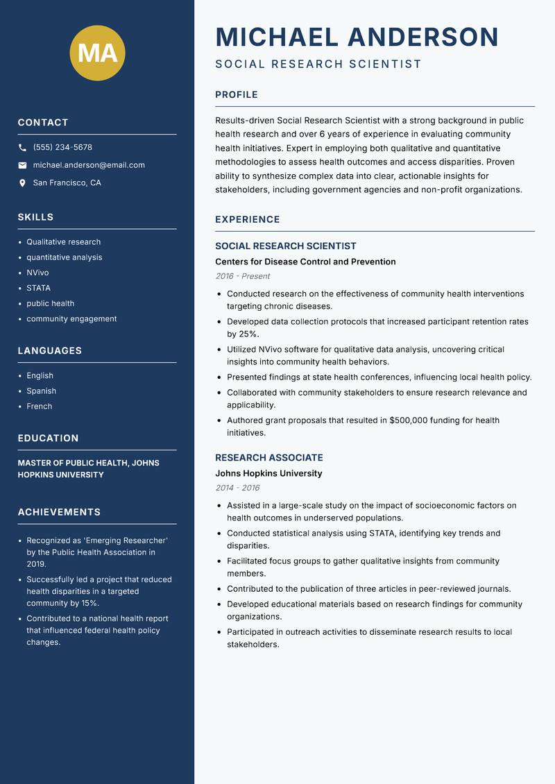 Social Research Scientist resume sample — Social Research Scientist focus