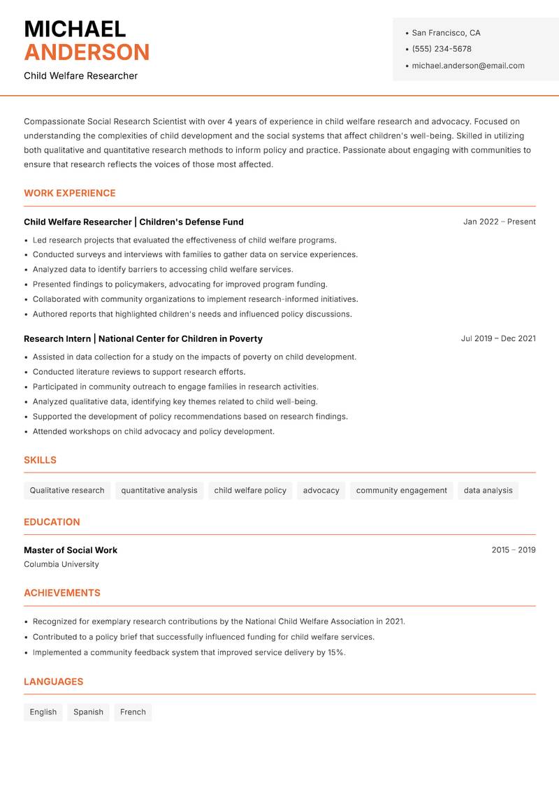 Social Research Scientist resume sample — Child Welfare Researcher focus