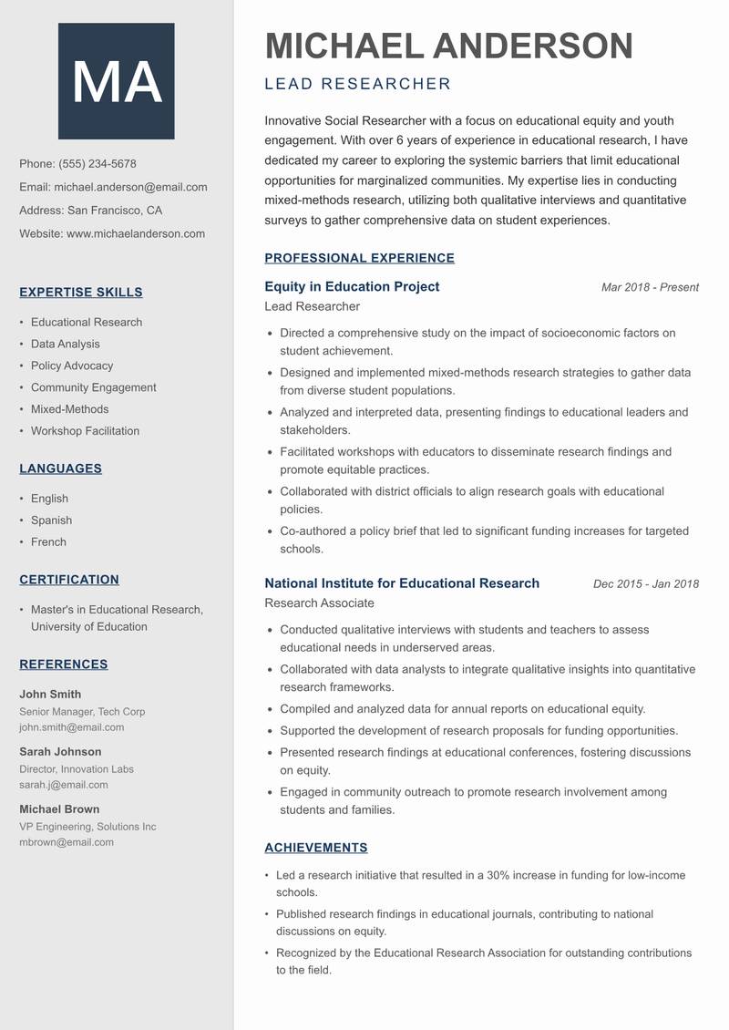 Social Researcher resume sample — Lead Researcher focus