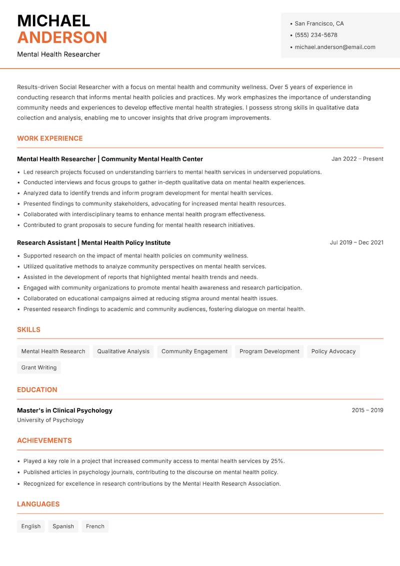 Social Researcher resume sample — Mental Health Researcher focus