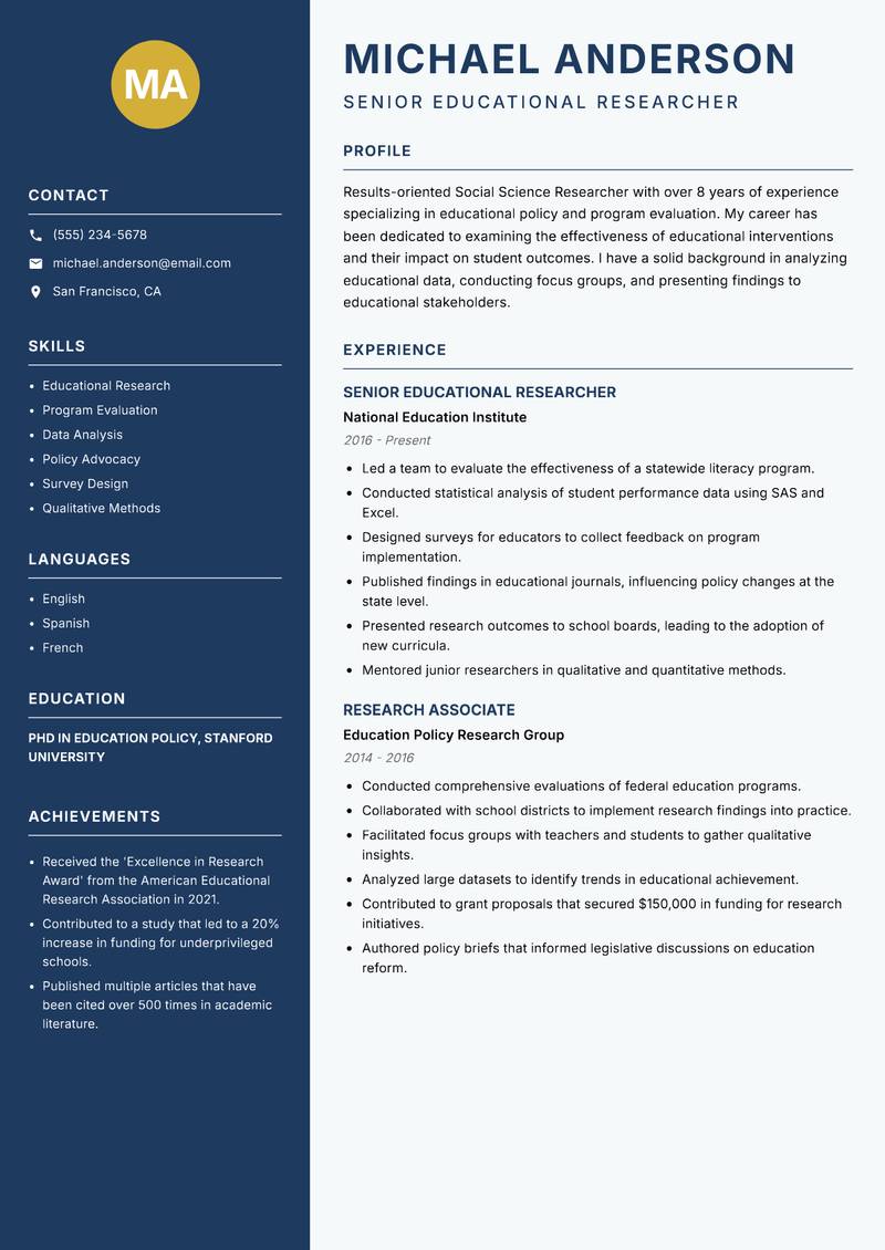 Social Science Researcher resume sample — Senior Educational Researcher focus