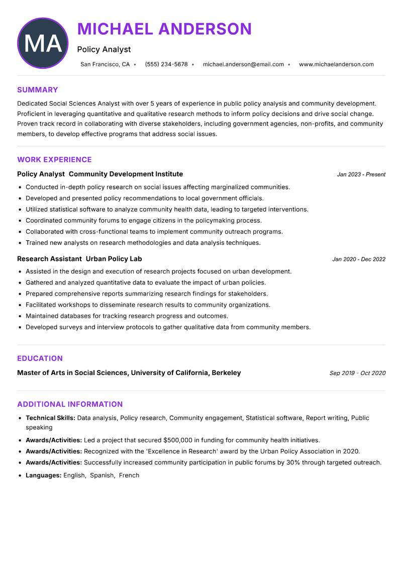 Social Sciences Analyst resume example
