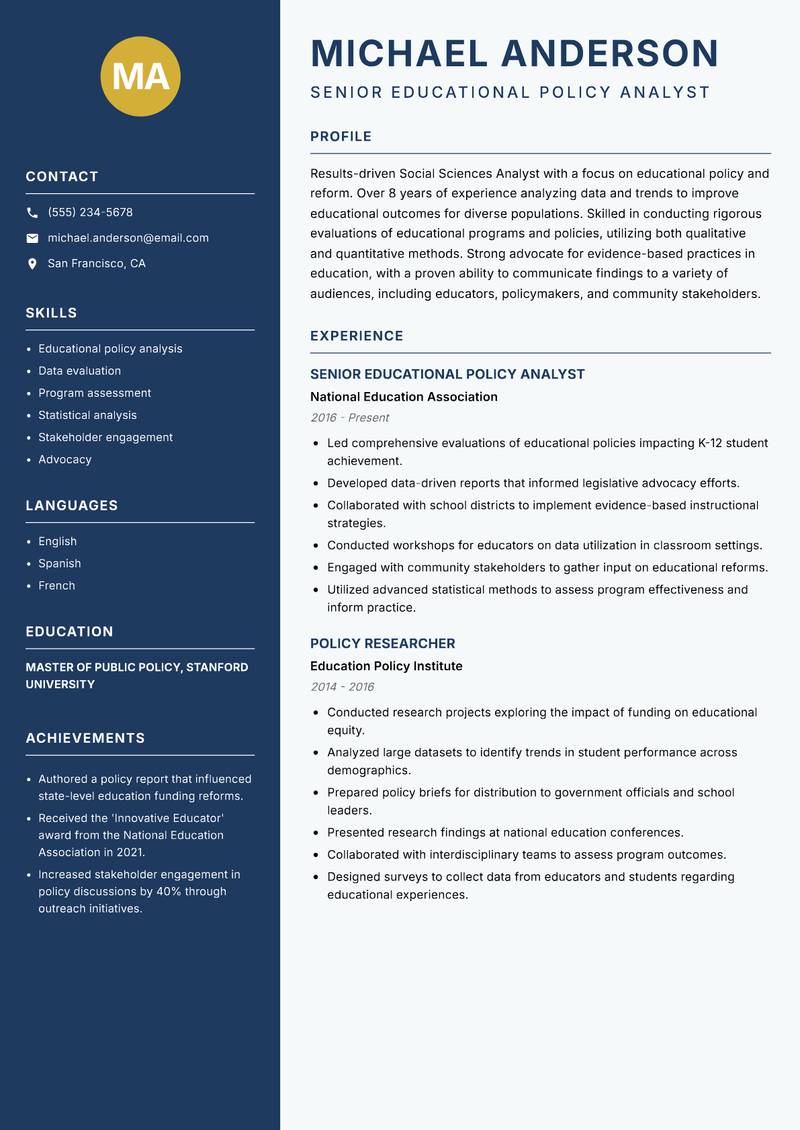 Social Sciences Analyst resume sample — Senior Educational Policy Analyst focus