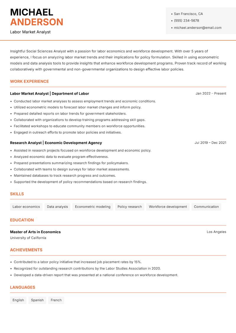 Social Sciences Analyst resume sample — Labor Market Analyst focus
