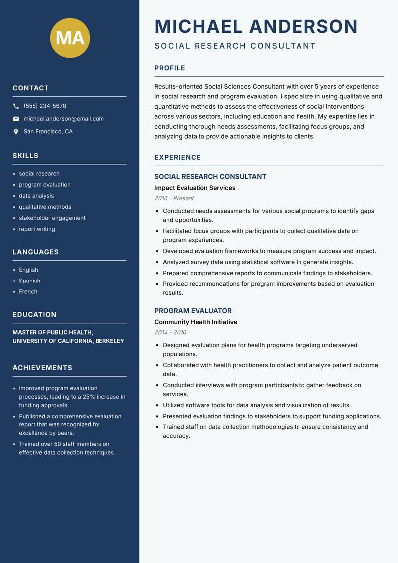 Social Sciences Consultant resume sample — Social Research Consultant focus