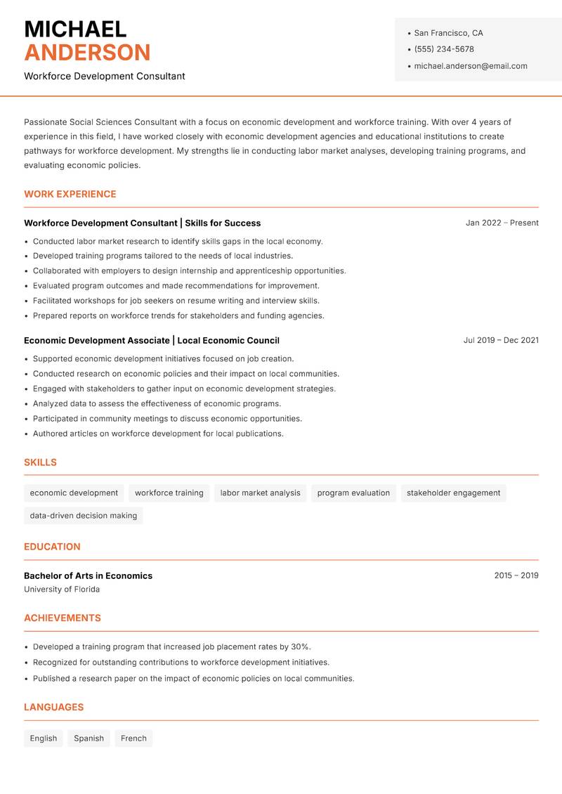 Social Sciences Consultant resume sample — Workforce Development Consultant focus