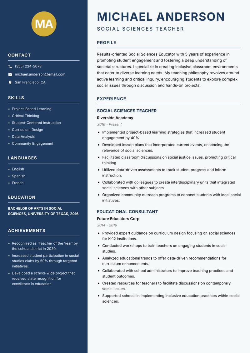 Social Sciences Educator resume sample — Social Sciences Teacher focus