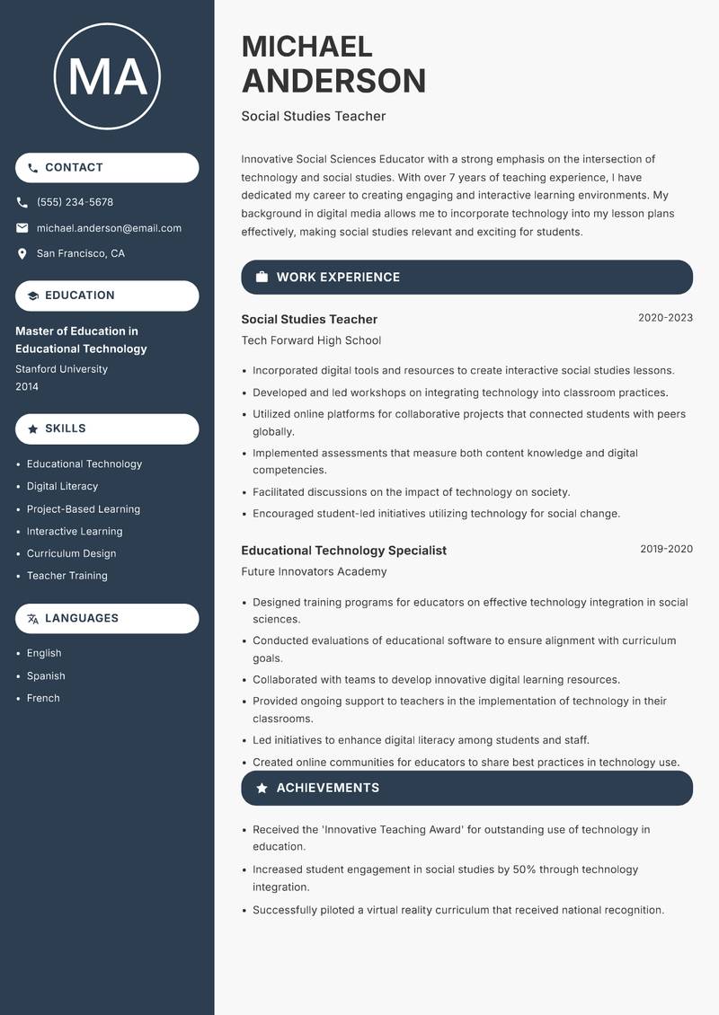 Social Sciences Educator resume sample — Social Studies Teacher focus