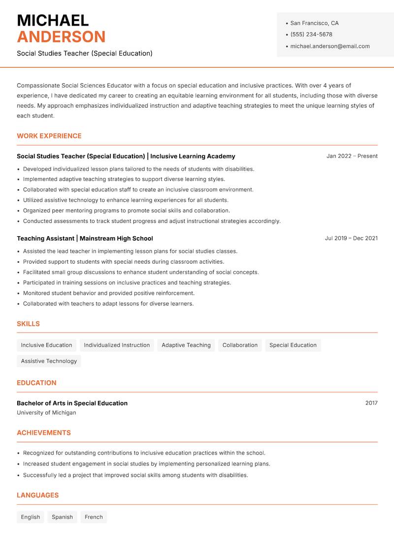 Social Sciences Educator resume sample — Social Studies Teacher (Special Education) focus