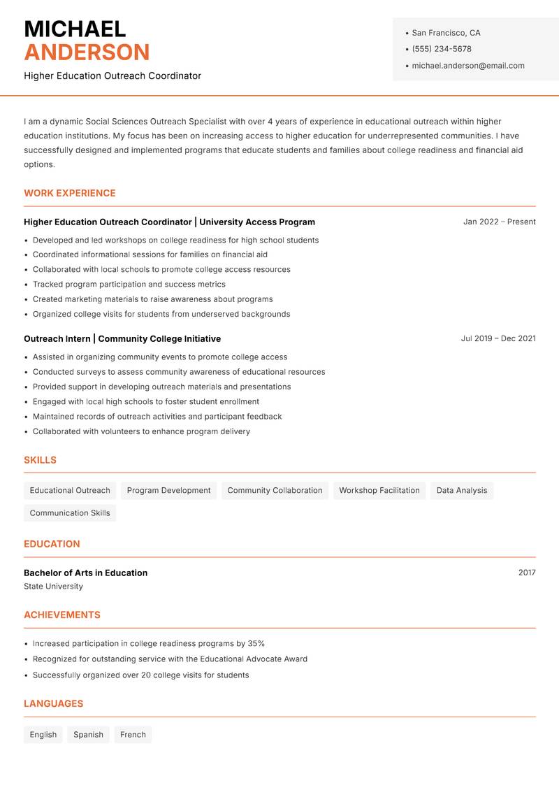 Social Sciences Outreach Specialist resume sample — Higher Education Outreach Coordinator focus