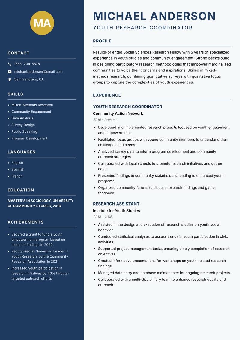 Social Sciences Research Fellow resume sample — Youth Research Coordinator focus