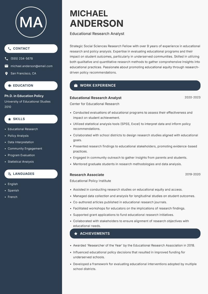 Social Sciences Research Fellow resume sample — Educational Research Analyst focus