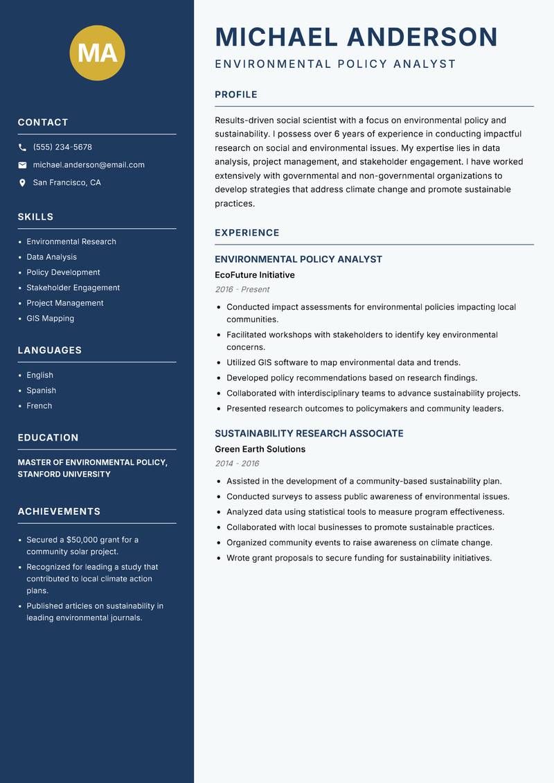 Social Scientist resume sample — Environmental Policy Analyst focus