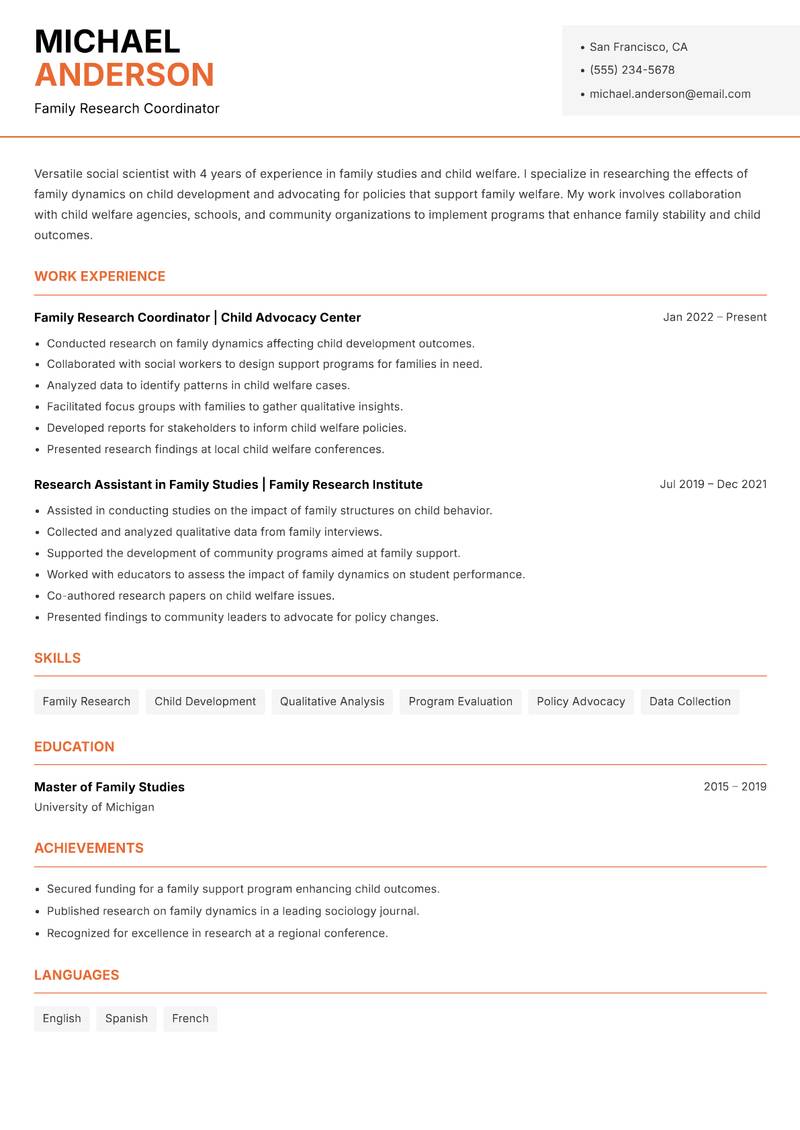 Social Scientist resume sample — Family Research Coordinator focus