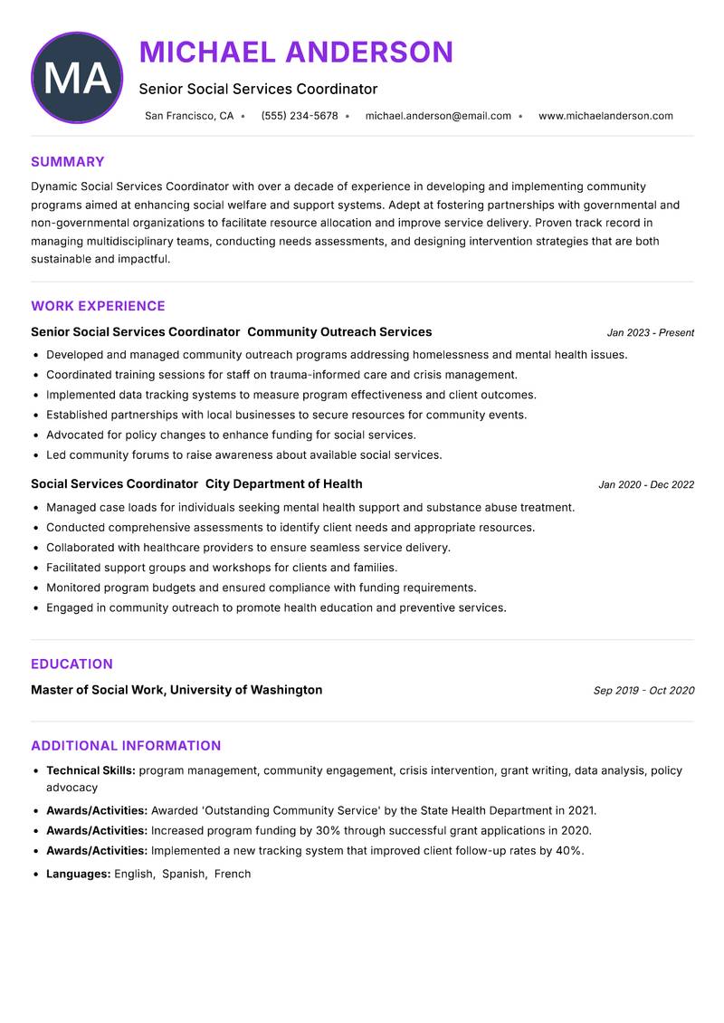 Social Services Coordinator resume example