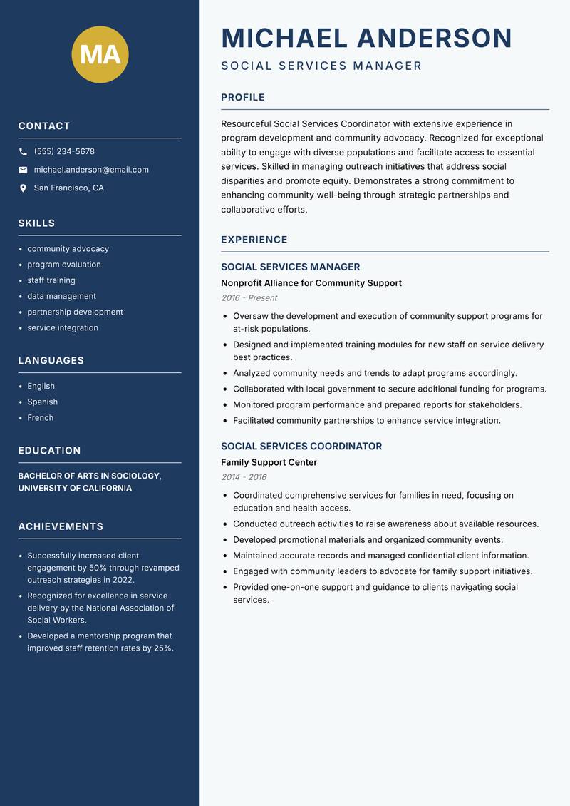 Social Services Coordinator resume sample — Social Services Manager focus