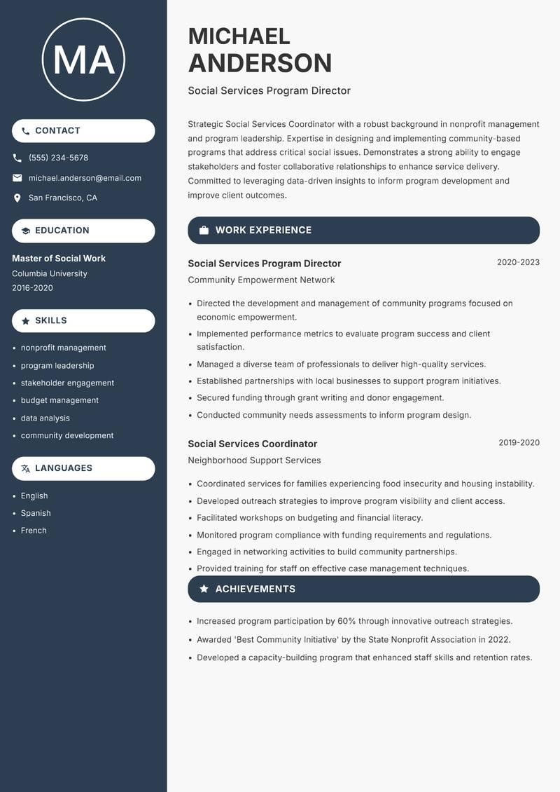 Social Services Coordinator resume sample — Social Services Program Director focus
