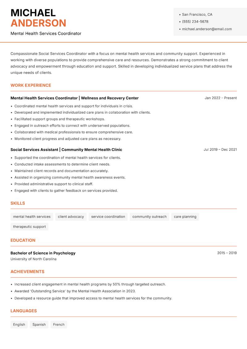 Social Services Coordinator resume sample — Mental Health Services Coordinator focus