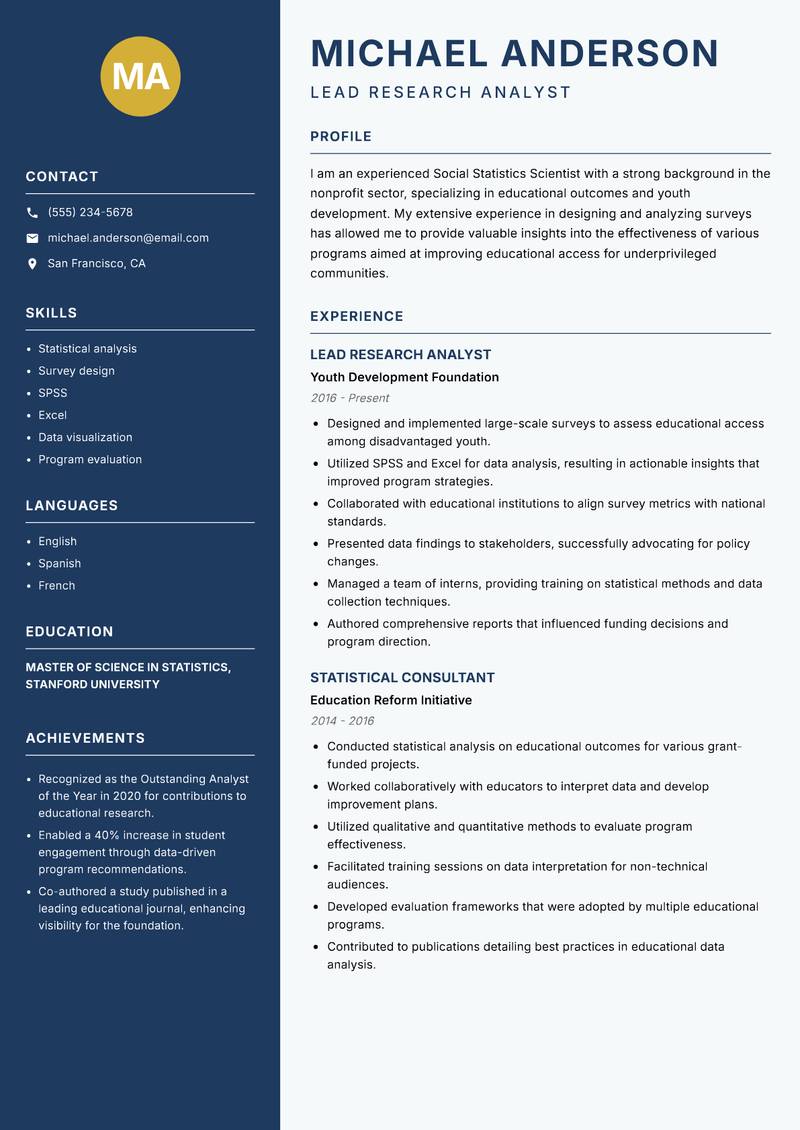 Social Statistics Scientist resume sample — Lead Research Analyst focus