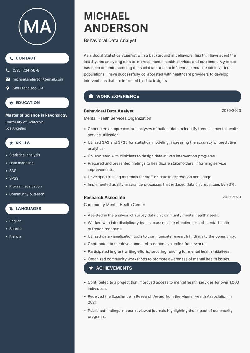 Social Statistics Scientist resume sample — Behavioral Data Analyst focus