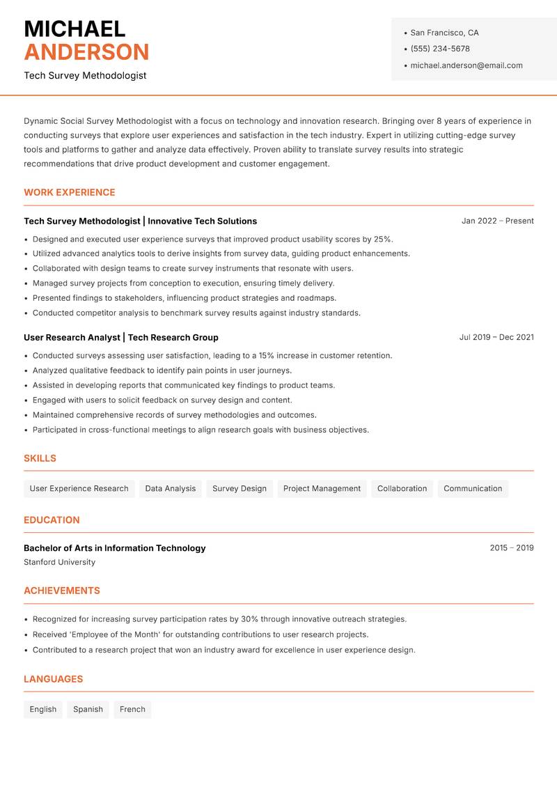 Social Survey Methodologist resume sample — Tech Survey Methodologist focus