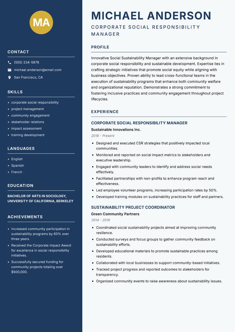 Social Sustainability Manager resume sample — Corporate Social Responsibility Manager focus