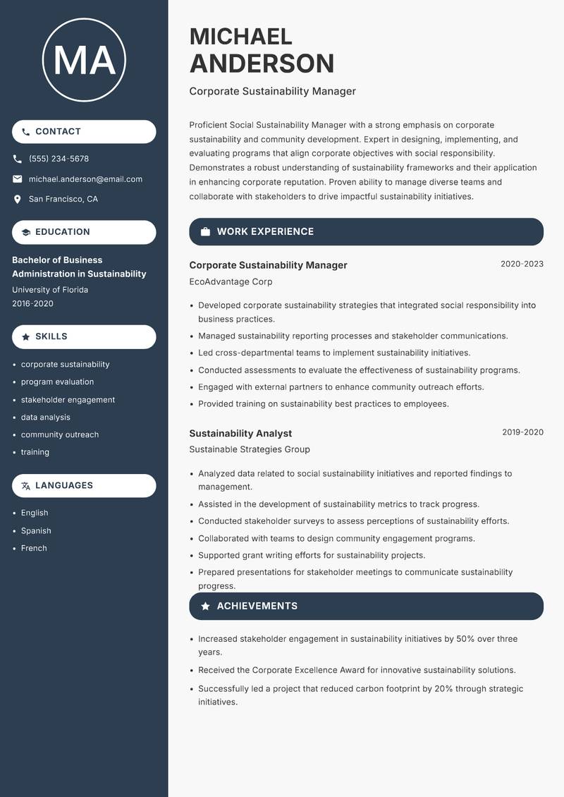 Social Sustainability Manager resume sample — Corporate Sustainability Manager focus