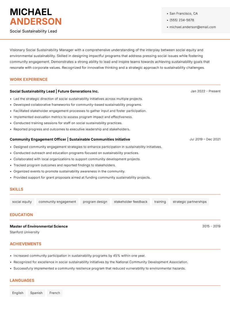 Social Sustainability Manager resume sample — Social Sustainability Lead focus